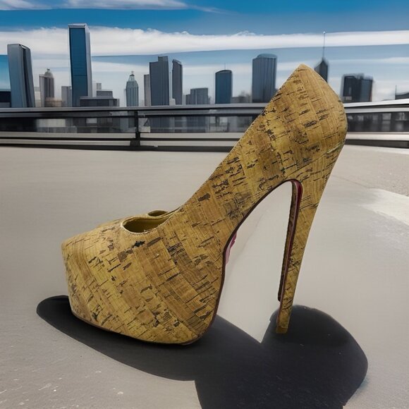Heels Womens Size 9.5 Cork Pattern Platform Stiletto Slip On Pumps Red Sole - Picture 2 of 11